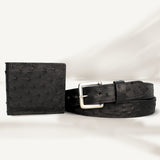 Black Ostrich Leather Wallet & Belt Combo