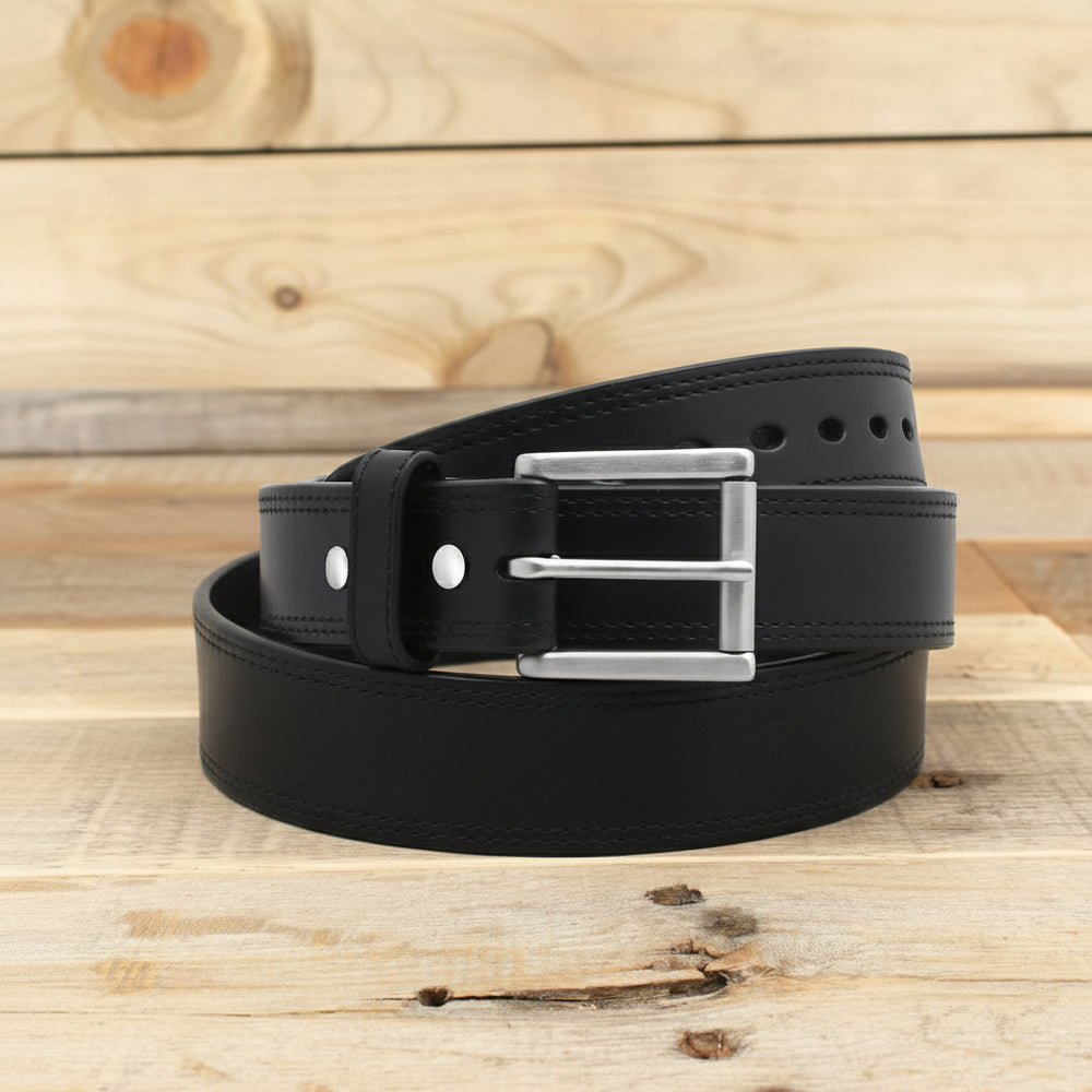 The Double Ridge - Double Stitched Black Leather Belt 1.5"