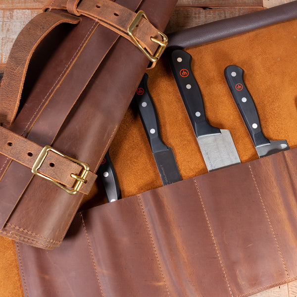 Brown Leather Chef's Knife Roll USA Amish Made Yoder Leather Company