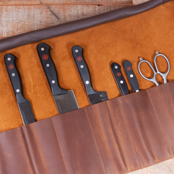 Brown Leather Chef's Knife Roll USA Amish Made Yoder Leather Company