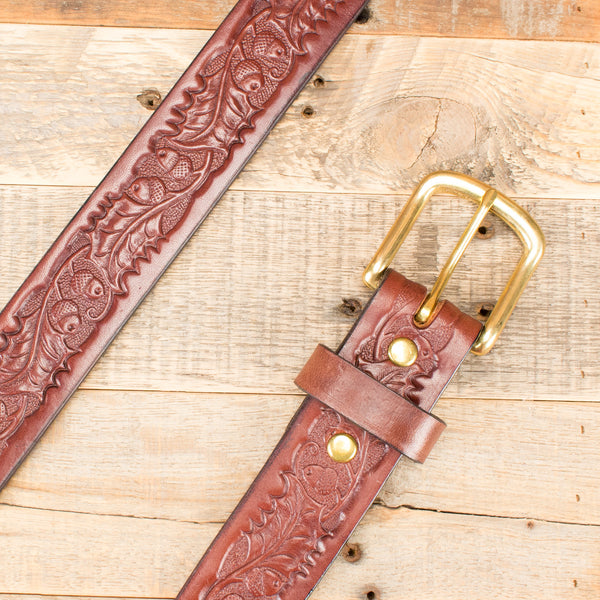 Modestone Embossed Oak Leaf Western Leather Belt 1.5'' Width Brown