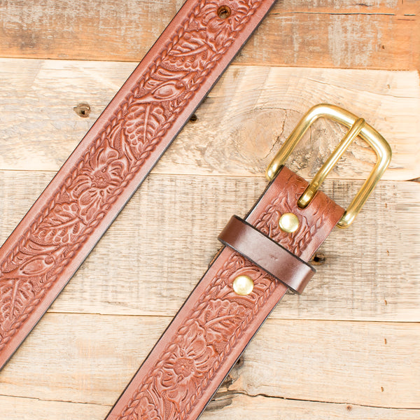 Handmade Brown Flower Leather And Brass With Woven & Leather Capped Olive Belt Amazon.com: KLAMRA Leather Belt with brass buckle Rose  main image 4