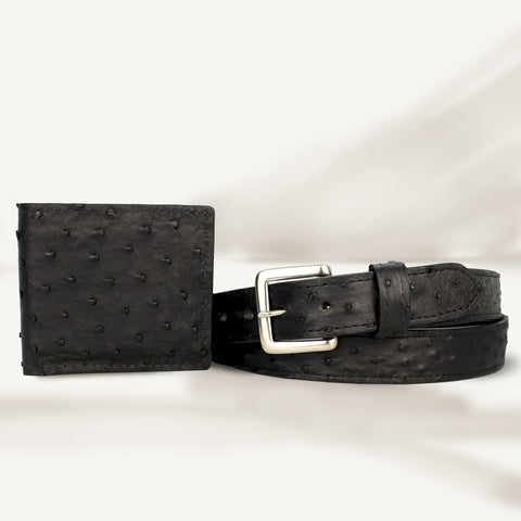 Black Ostrich Leather Wallet & Belt Combo
