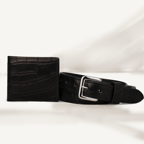 Black Alligator Leather Belt & Wallet Set