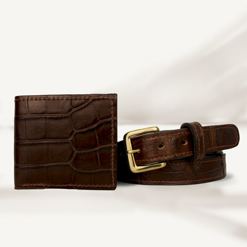 Brown Alligator Leather Belt & Wallet Set
