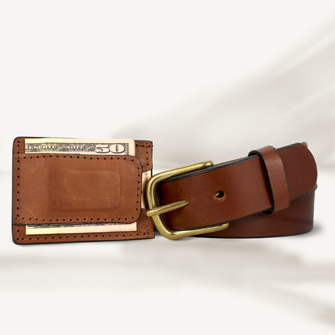 Smooth Brown Leather Belt & Cowhide Money Clip Wallet Combo