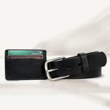 Smooth Black Leather Belt & Cowhide Money Clip Wallet Combo