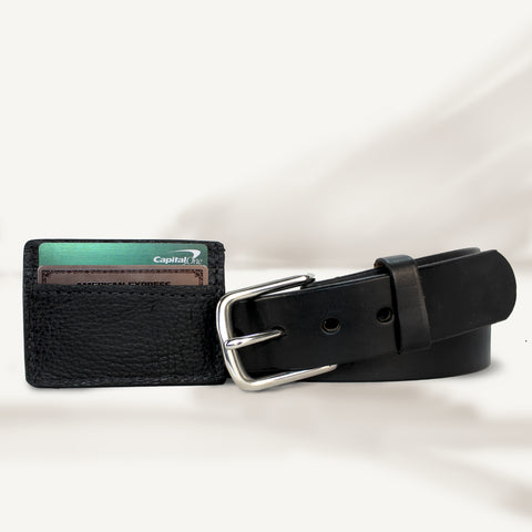 Smooth Black Leather Belt & Cowhide Money Clip Wallet Combo