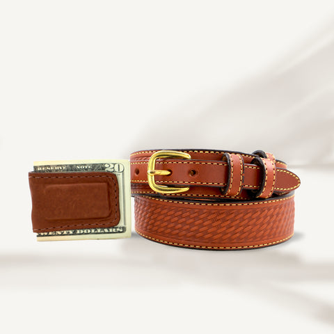 Basket Weave Chestnut Ranger Belt & Cowhide Cash Clip Combo
