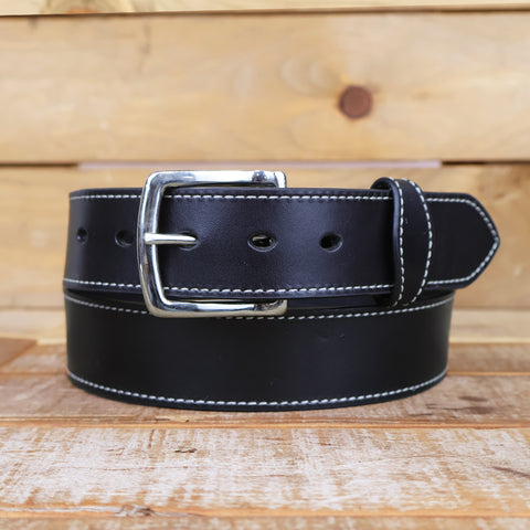 The White Stitched Dress Belt- Black Leather Belt 1.5"