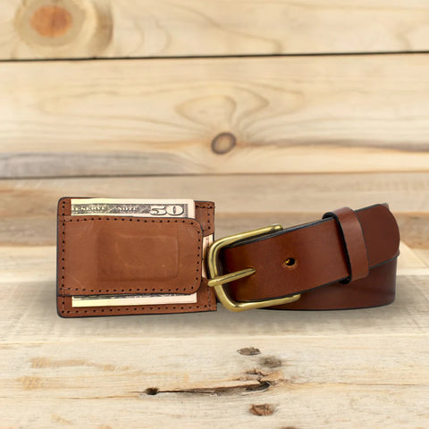 Smooth Brown Leather Belt & Cowhide Money Clip Wallet Combo