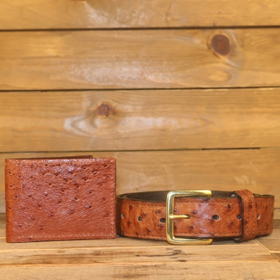 Ostrich Cognac Wallet and Belt Bundle