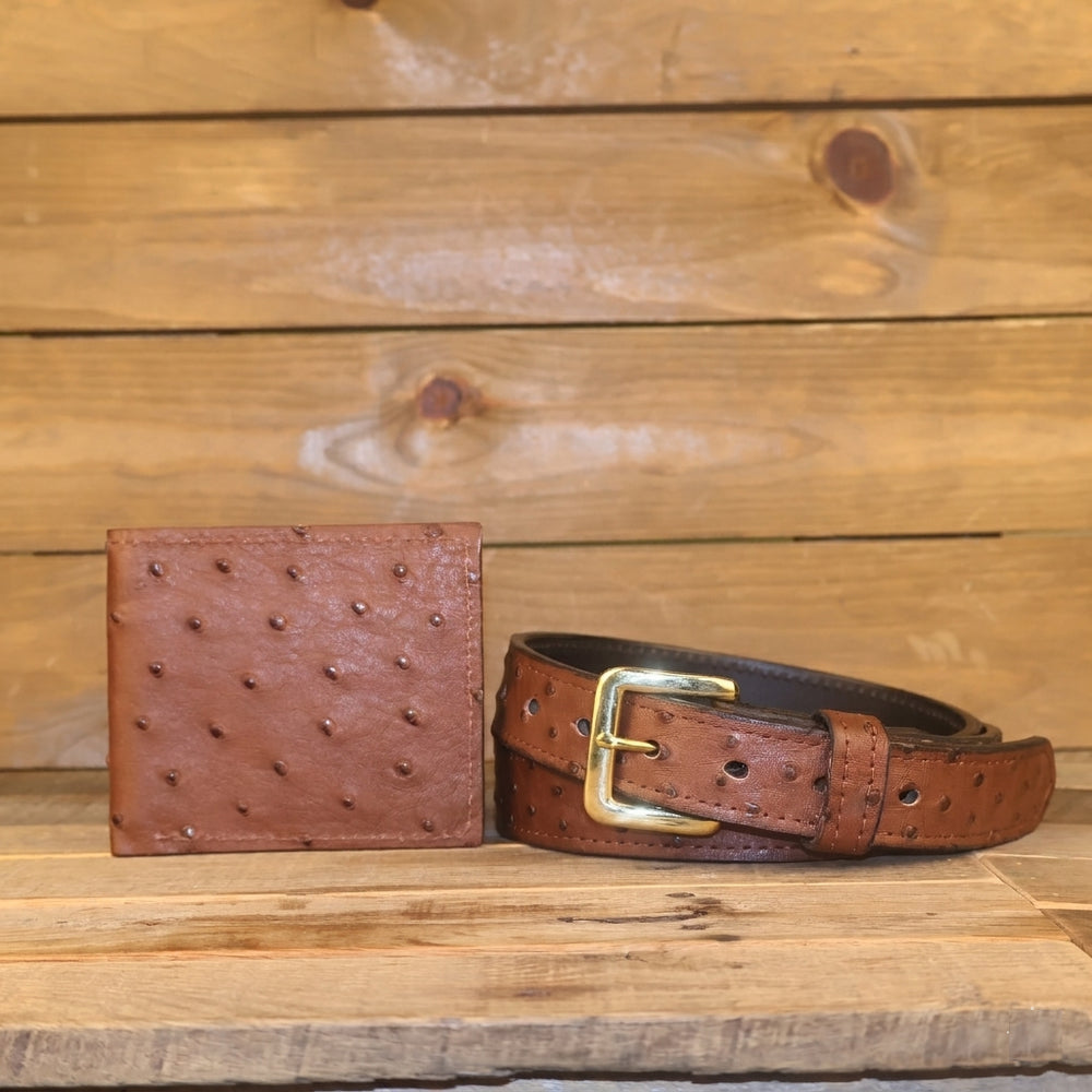 Ostrich Brown Bifold Wallet and Dress Belt