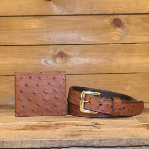 Ostrich Brown Bifold Wallet and Dress Belt