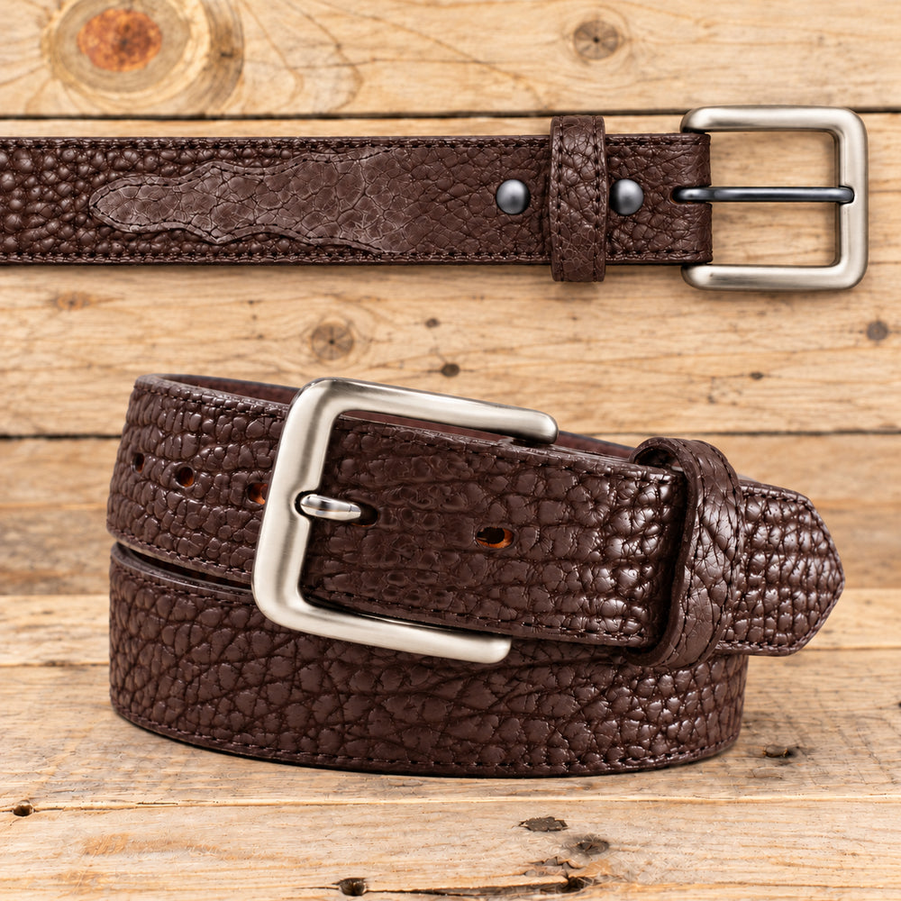 Brown Shrunken Bison Leather Belt with Scallops