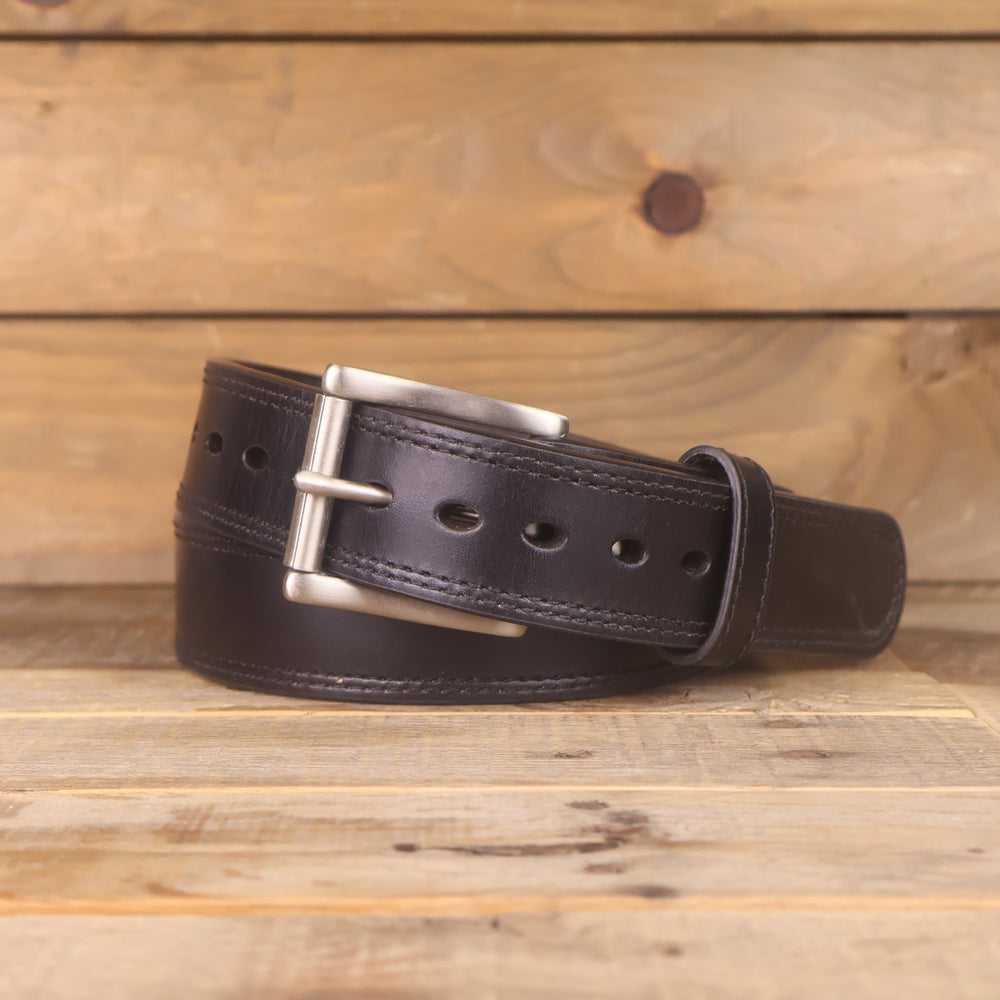 The Double Ridge - Double Stitched Black Leather Belt 1.5"