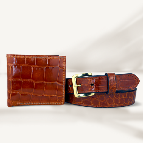Cognac Alligator Leather Belt & Wallet Set