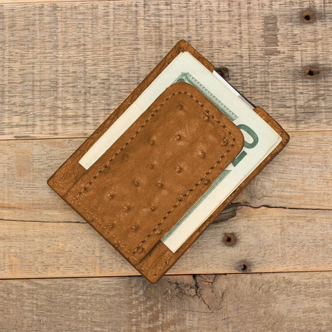 Ostrich Cognac Cash Clip Wallet-Yoder Leather Company
