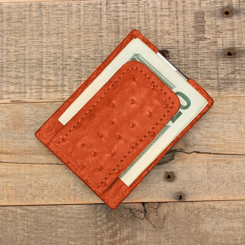 Ostrich Orange Cash Clip Wallet-Yoder Leather Company