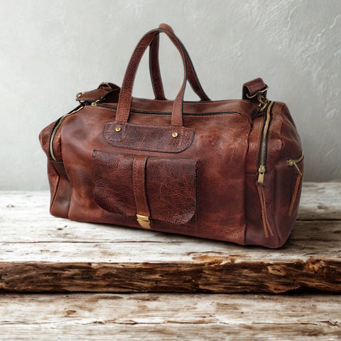 Burgundy Cowhide Duffle Bag with Pocket-Yoder Leather Company