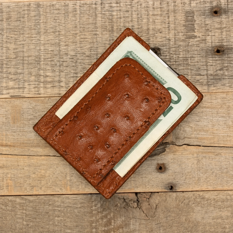 Ostrich Cognac Money Clip Wallet