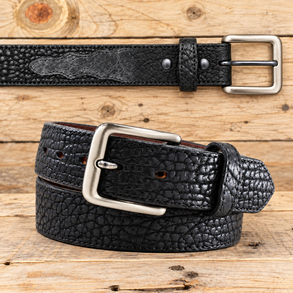 Black Shrunken Bison Leather Belt with Scallops