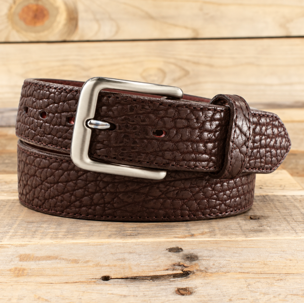 Brown Shrunken Bison Leather Belt with Scallops