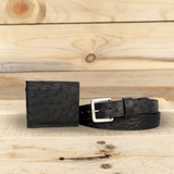 Black Ostrich Leather Wallet & Belt Combo