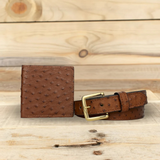 Brown Ostrich Leather Wallet & Belt Combo