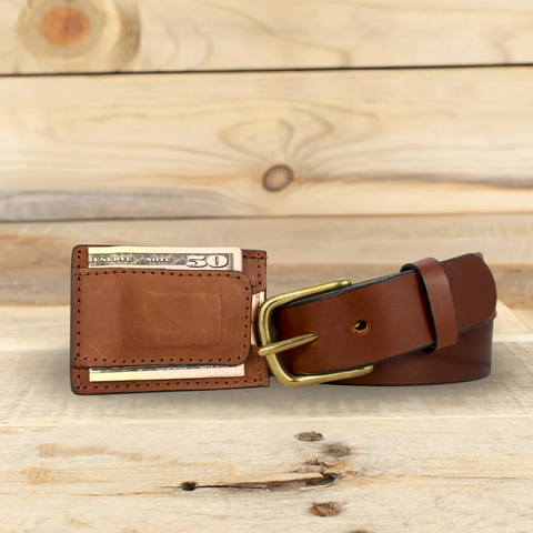 Smooth Brown Leather Belt & Cowhide Money Clip Wallet Combo