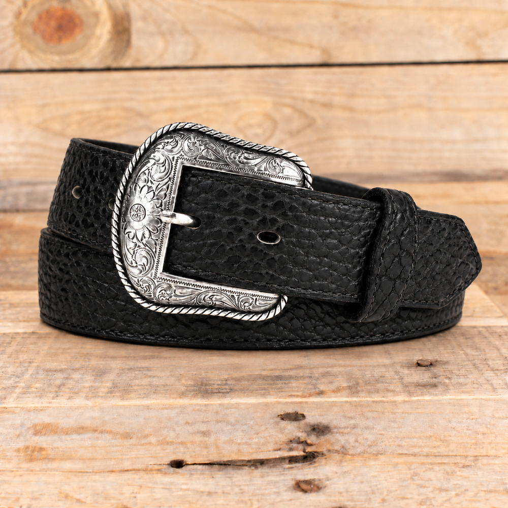 Black Western Shrunken Bison Leather Belt