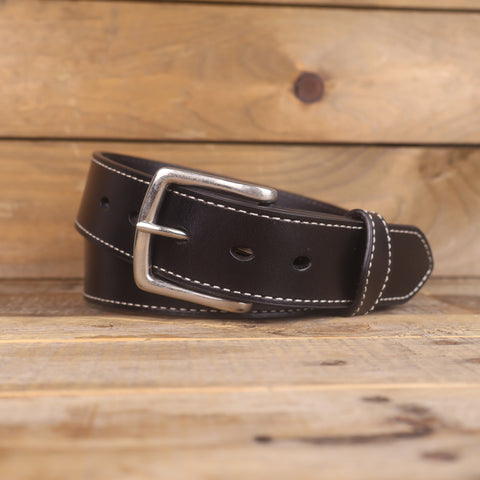 The White Stitched Dress Belt- Black Leather Belt 1.5"