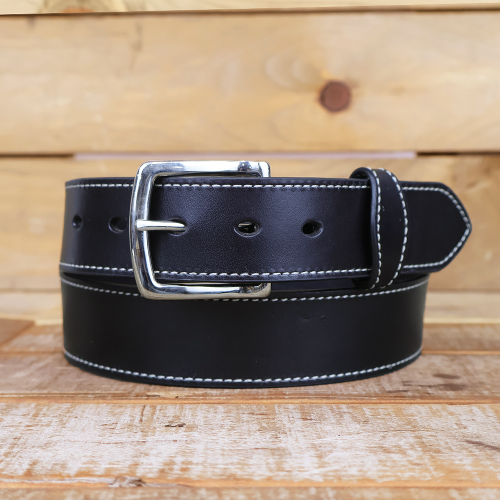 The White Stitched Dress Belt- Black Leather Belt 1.5"