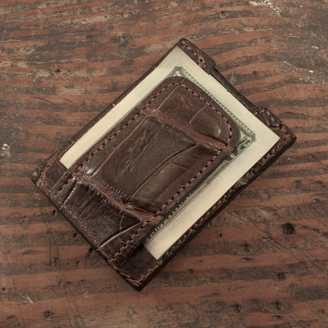 Alligator Matte Brown Clip Wallet-Yoder Leather Company