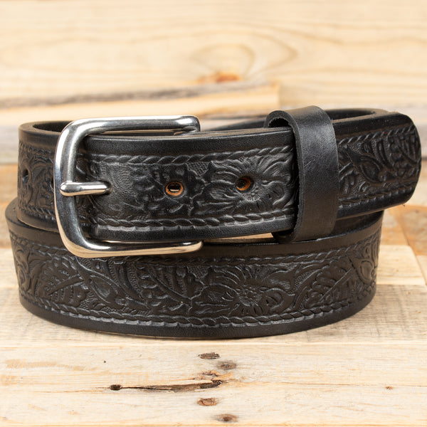 Black Rope Floral Embossed English Bridle Leather Belt – Yoder Leather ...