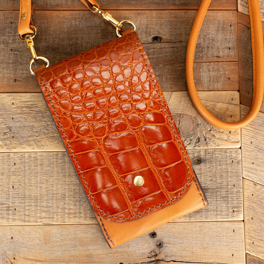 Genuine Crossbody Alligator Cognac Phone Purse Case Wallet Leather Handmade in USA
