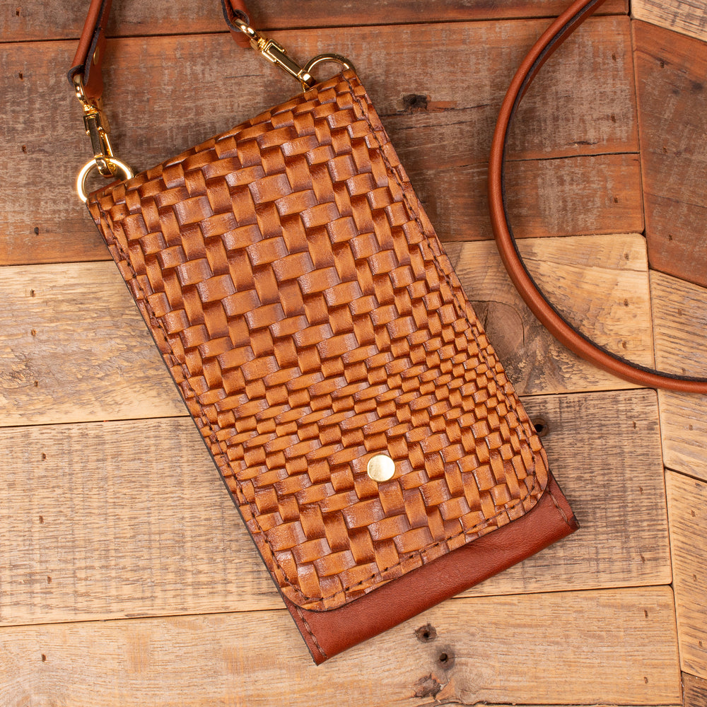 Genuine Crossbody Basket Weave Brown Phone Purse Case Wallet Leather Handmade in USA