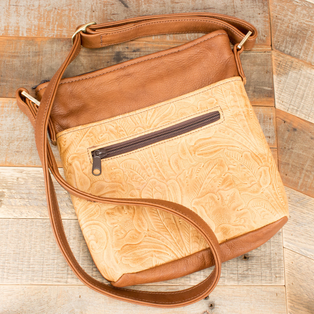 Genuine Crossbody Floral Light Brown Purse Handbag Leather Handmade in USA